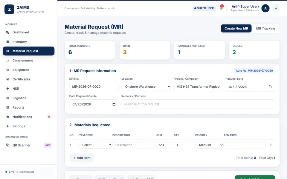 ZAIMS: Material request