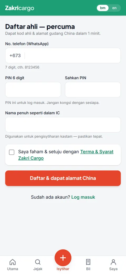 Zakri Cargo: Sign up